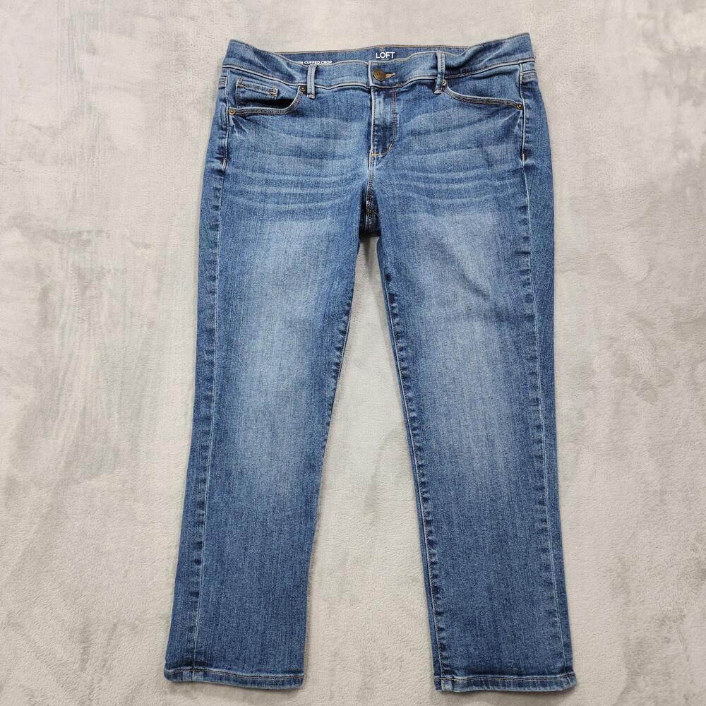 LOFT Jeans Womens 12P PETITE Blue Mid Rise Modern Cuffed Crop Stretch Denim
